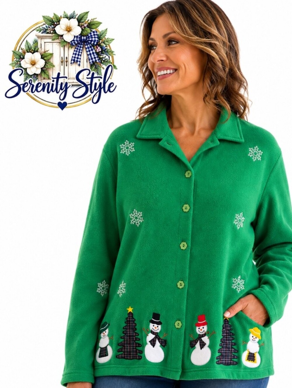 Vintage Jason Maxwell Green Snowman Christmas Cardigan Jacket Medium Holiday